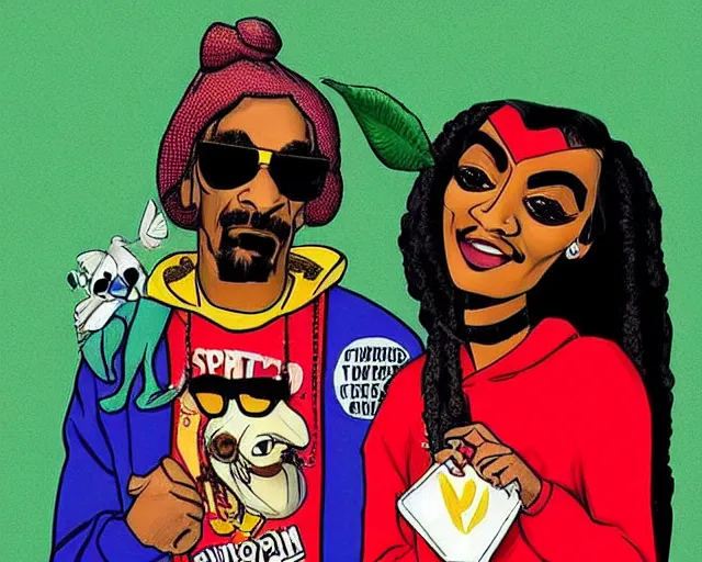 Image similar to snoop dog as a weed superhero that saves the day with a girl by his side