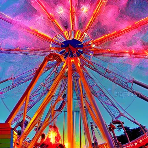 Prompt: a theme park in pre historic earth, erupting volcano, ferris wheel, lights, carnival, digital art by colby bryant