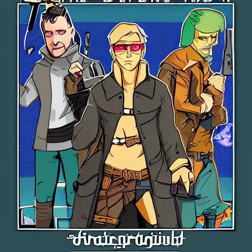 Image similar to a grifter, a hacker, a thief, and a mastermind in the style of a d&d cover