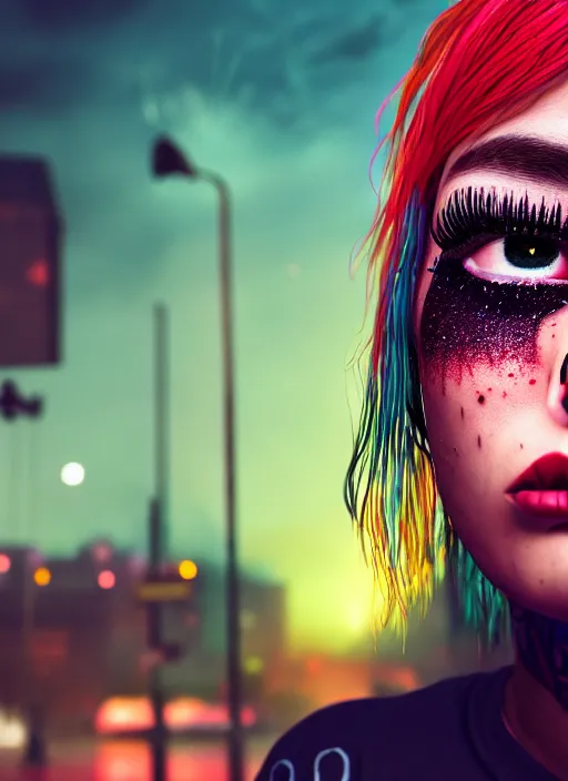 Image similar to digital painting of a streetwear woman wearing thick mascara, crying, a city burns in the background, police lights, distress, tattoos, dark glitter, Cinestill 50d, 4k, 8k, hd, full color, octane render, trending on artstation, highly detailed