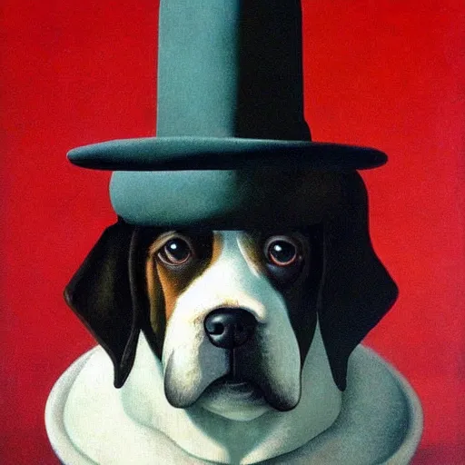 Prompt: a rene magritte painting of a dog wearing a hat, award winning painting, detailed, surreal, symmetrical, clean, smooth, aesthetic