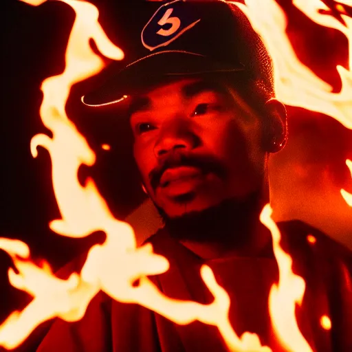 Image similar to cinematic film still of Chance The Rapper starring as a Samurai holding fire, Japanese CGI, VFX, 2022, 40mm lens, shallow depth of field, film photography