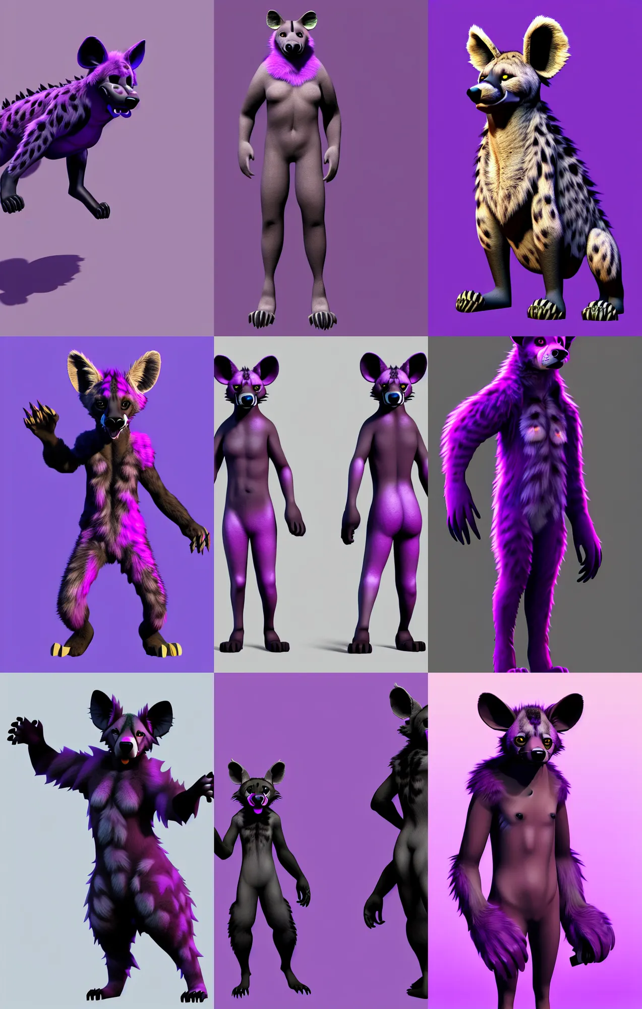 Prompt: a full - body centered front - perspective furry male fursona portrait, a male hyena fursona, purple and black fur color scheme, trending on weasyl, painted in zbrush, high - resolution, godrays, photorealistic