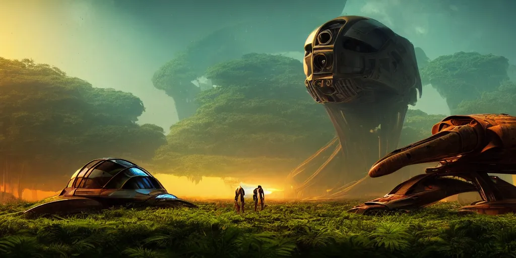 Image similar to a huge futuristic rusty abandoned old alien spaceship, next to it a smaller exploration vehicle on a landing pad, surrounded by a lush alien jungle, in the foreground two explorers are arguing, sunset, volumetric light, hyperdetailed, artstation, cgsociety, 8k