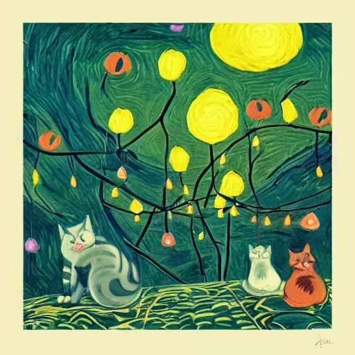 Image similar to detailed painting of cats and caterpillars at a carnival at night watching paper lanterns, in the style of eyvind earle and vincent van gogh