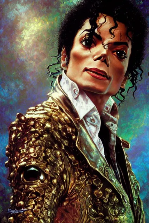 Image similar to michael jackson 1 9 8 3 portrait, fantasy, regal, intricate, by stanley artgerm lau, greg rutkowski, thomas kindkade, alphonse mucha, loish, norman rockwell