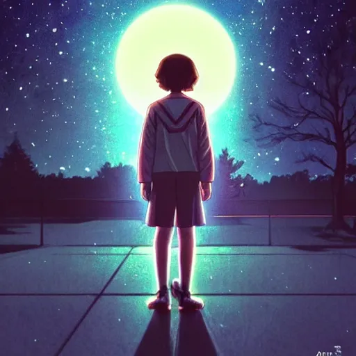 Image similar to eleven from stranger things, nighttime, outdoors, town background, intricate, highly detailed, digital painting, artstation, official media, anime key visual, concept art, ambient lighting, sharp focus, illustration, 1980's anime style, art by Artgerm, Makoto Shinkai, Ilya Kuvshinov, Lois Van Baarle, and Rossdraws