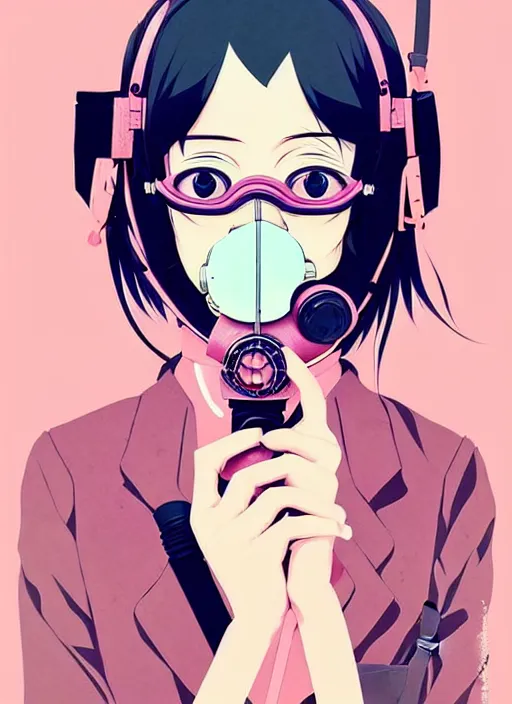 Image similar to singular girl with wearing gas mask, very anime!!! anime!! intricate details, aesthetically pleasing pastel colors, poster background, art by conrad roset and ilya kuvshinov