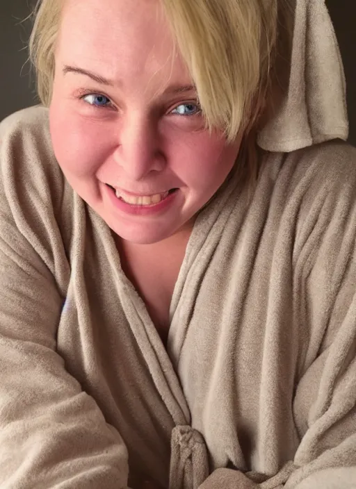 Image similar to homely but adorable blonde woman, slightly chubby, scar across left cheek, wearyworn but optimistic expression, wearing beige pajamas and robes