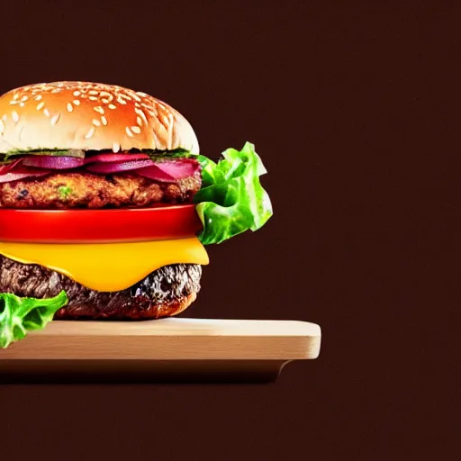Image similar to a beautiful color - full flying ( ( ( double cheese burger ) ) ) juicy meat, sweaty salad and tomato, neutral background, tv advertisement video shot style, tv, ad, advertisement, tv spot, tv grain, tv colors