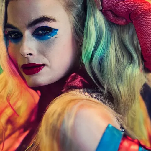 Image similar to a beautiful medium - shot of margot robbie as harley quinn, beautiful natural backlight, bokeh, by terry richardson