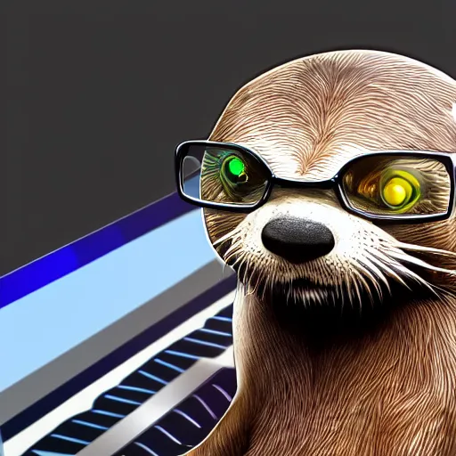 Prompt: 3/4 view of an anthropomorphic otter with glasses programming on a PC, realistic, detailed digital art, 4k