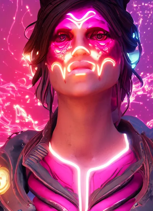 Image similar to glowwave portrait of a rose from borderlands 3, au naturel, hyper detailed, digital art, trending in artstation, cinematic lighting, studio quality, smooth render, unreal engine 5 rendered, octane rendered, art style by klimt and nixeu and ian sprigger and wlop and krenz cushart.