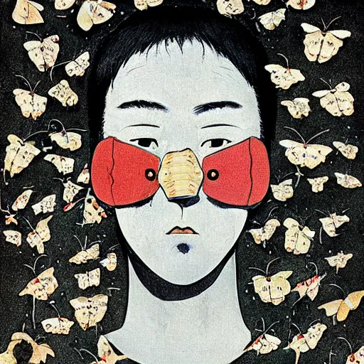 Image similar to a guy, face covered in moths, by shinji aramaki,