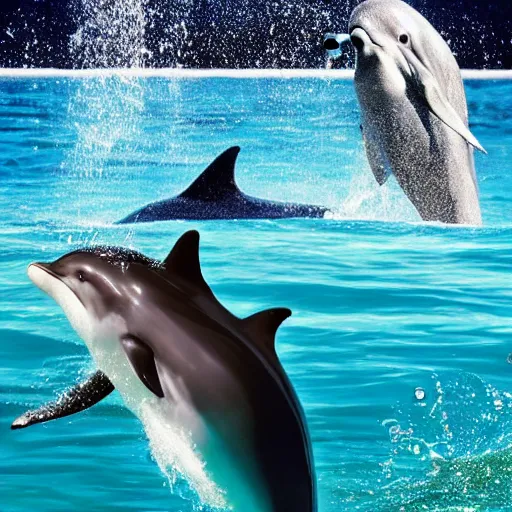 Image similar to Oprah Winfrey in the ocean swimming with dolphins, 8k UHD, hyper realistic, nature photography