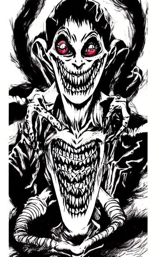 Image similar to full body portrait of villainous jester, dark, twisted, manga, comic, by junji ito. twisted. horror.