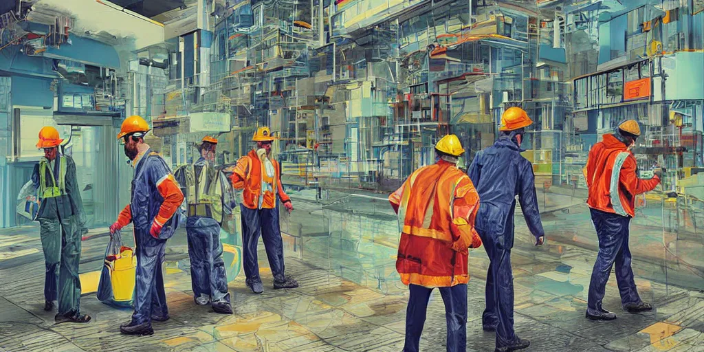 Image similar to workers going about their day in the year 2060 by Alex Heywood, beautiful detailed photorealistic modern digital illustration, deep emotional bright colors