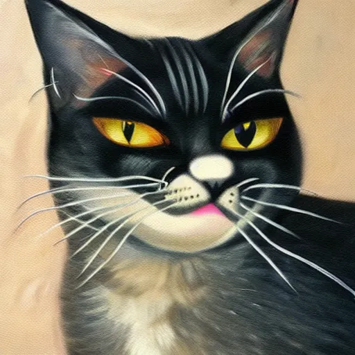 Image similar to old cyborg cat painting, museum quality, realistic, good lighting