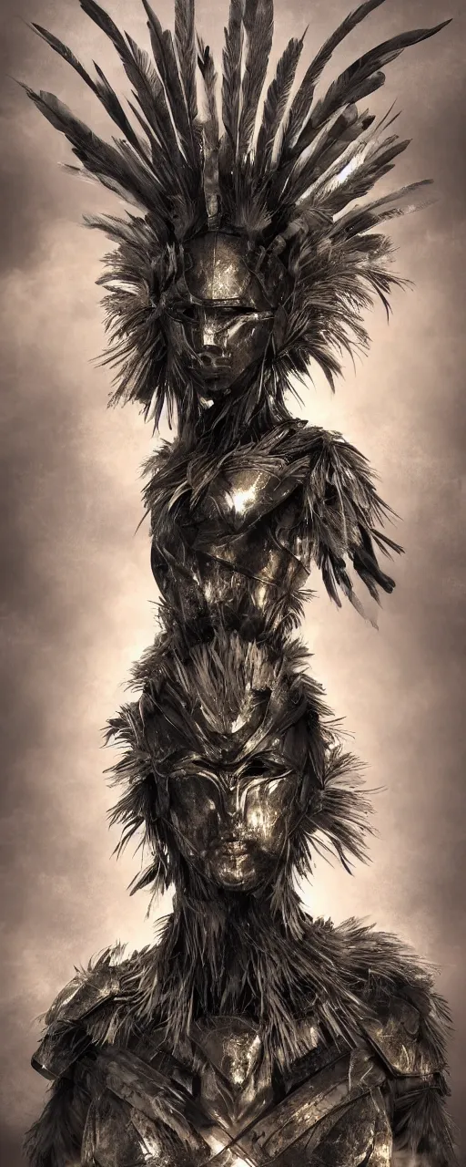 Prompt: a warrior wearing an armor made of feathers, strange energy emitting through body, scars on face, volumetric lighting, scary eyes, digital art,