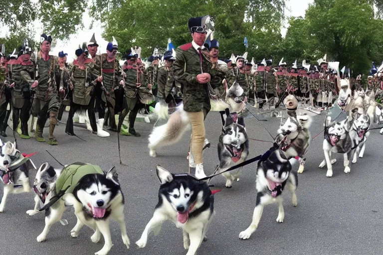 Image similar to General husky of the dog army marching his dog battalion to an epic battle