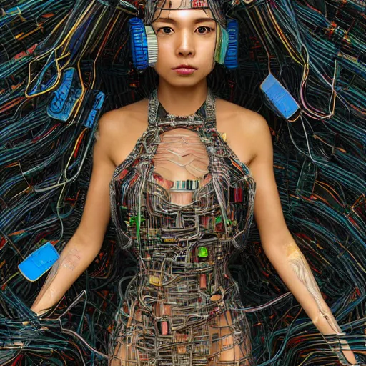 Image similar to deeper into the metaverse we go, piles of modular synth cables mixed with mangrove roots, kawaii puerto rican goddess swimming up wearing a headpiece made of circuit boards, by cameron gray, wlop, stanley kubrick, masamune, hideki anno, jamie hewlett, unique perspective, trending on artstation, 3 d render, vivid