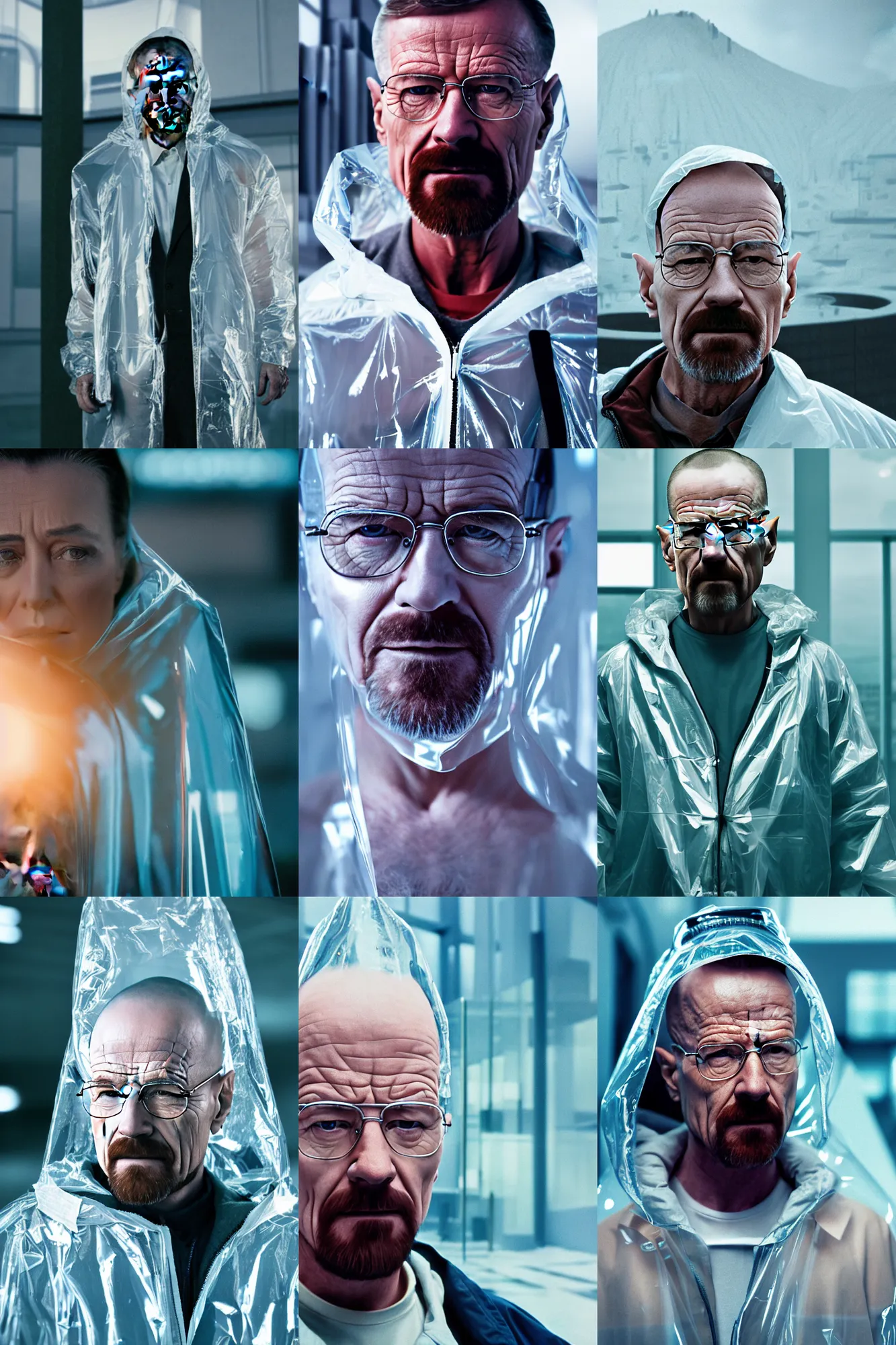 Prompt: Cinestill 50d, 8K, highly detailed, breaking bad style 3/4 extreme closeup portrait, eye contact, focus on clear transparent raincoat walter white model, tilt shift zaha hadid style laboratory background: famous blade runner remake, new mexico lab scene