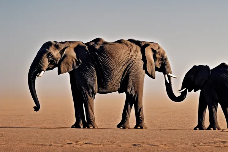 Image similar to an elephant having a conversation with a girrafe, sahara desert