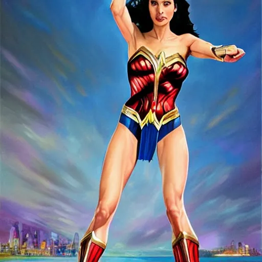 Image similar to A wide angle shot of Gal Gadot as Wonder Woman with athletic body, painting by Alex Ross