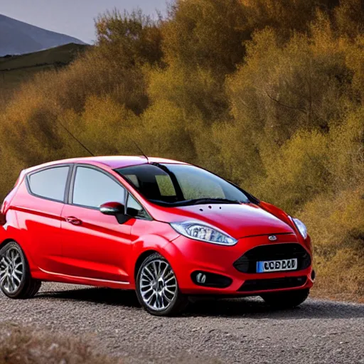 Image similar to red ford fiesta mk 5 zetec on a mountain road, spain, award winning photograph, golden hour