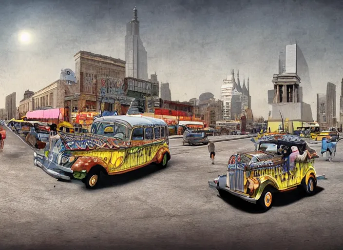 Image similar to 🚕🚎⛽🛣, lowbrow, matte painting, 3 - d highly detailed, in the style of mark ryden,