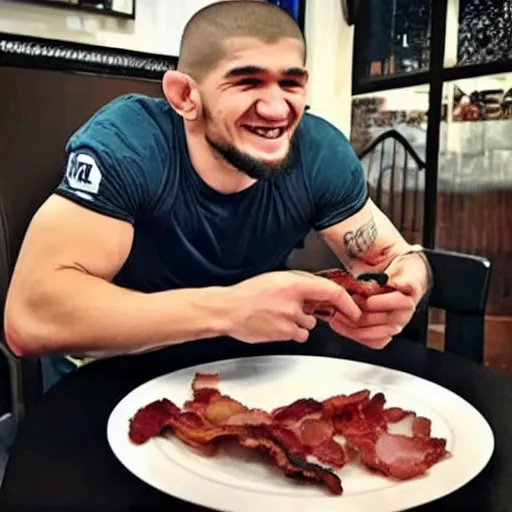 Image similar to khabib eating bacon while smiling