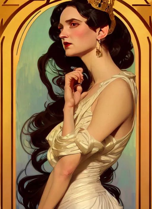 Prompt: leyendecker, brom, tiger striped high necked gown, lovely queen, portrait, long hair, small crown, feral languid woman, by greg rutkowski, anato finnstark, alphonse mucha, global illumination, radiant light