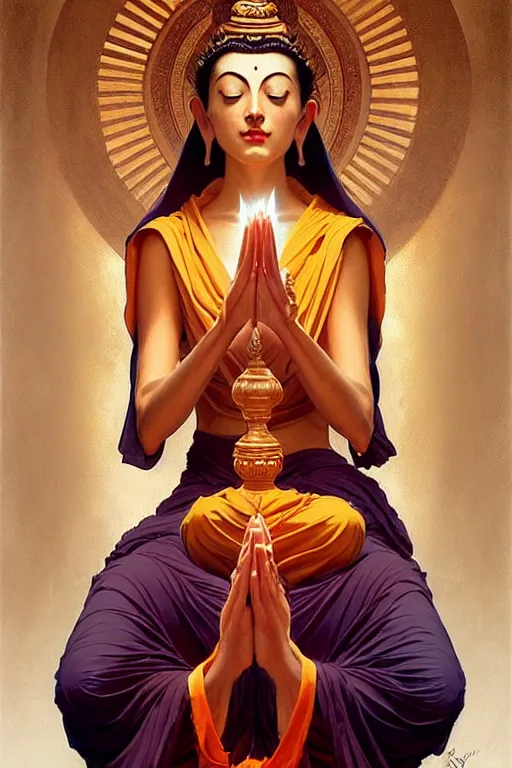 Image similar to buddhism, expressionnisme, painting by greg rutkowski, j. c. leyendecker, artgerm