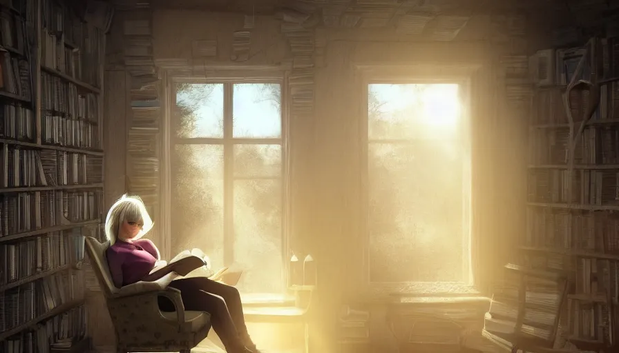 Prompt: young blond haired girl reading a book in an old chair in a dusty attic, old library covered by cobwebs, dusty dirty floor, sunset light through round old dusty windows, hyperdetailed, artstation, cgsociety, god rays, 8 k, donato
