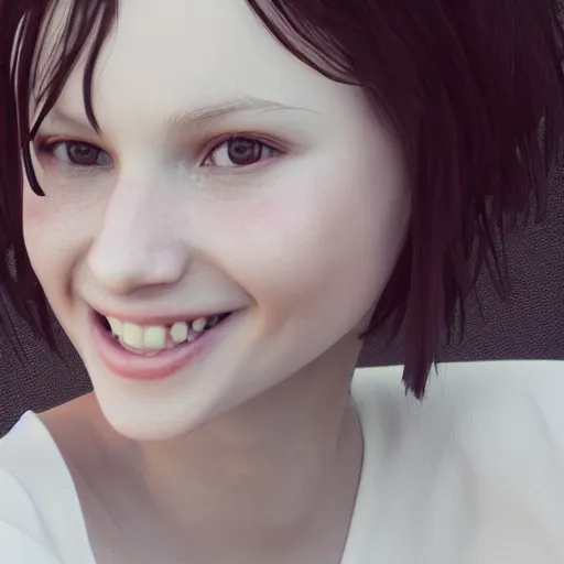 Image similar to a cute girl in white dress, by ruan jia, by yun ling, happy expression, smile, unreal engine, 3 d render, 8 k, closeup headshot, smooth, trending on artstation, digital illustration, black hair