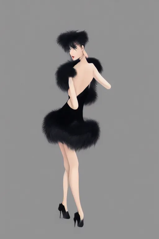 Prompt: full body aesthetic full body digital illustration of a beautiful young woman in a furry little black dress, by wlop and Julia Razumova, realistic, high fashion, Vogue, magazine photography, photorealistic, deviantArt, trending on artstation, artstation HQ