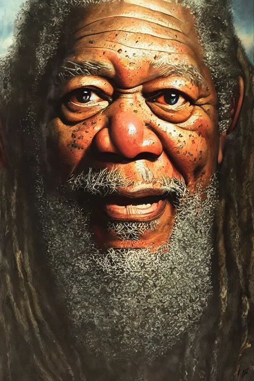 Image similar to morgan freeman starring as gimli in lord of the rings, oil on canvas, intricate, 8 k highly professionally detailed, hdr, cgsociety