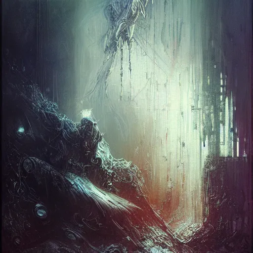 Image similar to cyberpunk dreaming by gustave dore and gustave moreau and beksinski and giger and craig mullins and jeremy mann