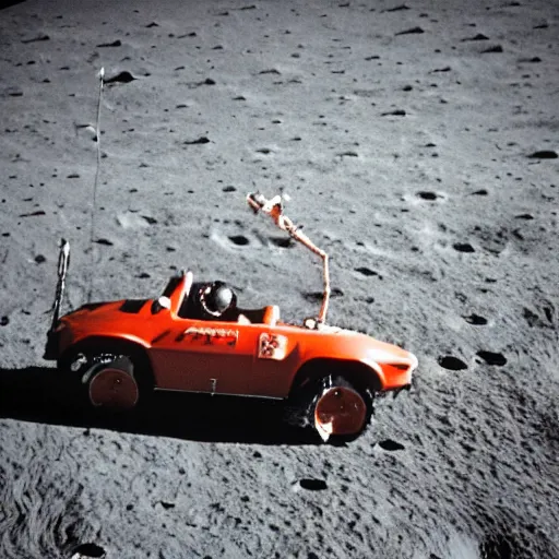 Image similar to photo of astronaut driving a red convertible sports car on the moon, 3 5 mm, full - hd