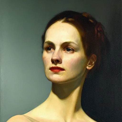 Prompt: Dolores from westworld, head and shoulders portrait, extremely detailed masterpiece, by Edward Hopper and Rembrandt,