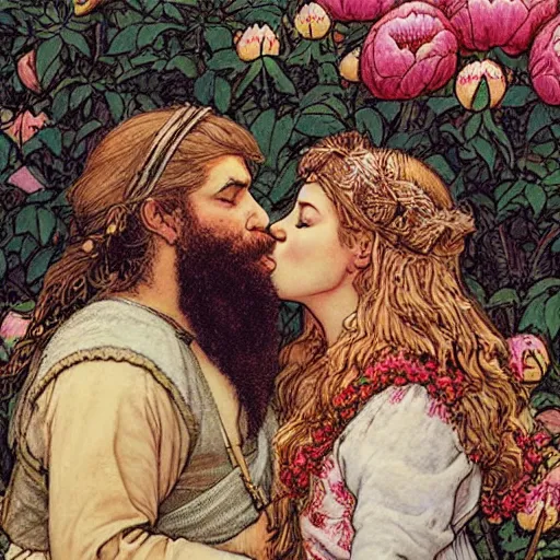 Image similar to a white skinned red bearded viking and a beautiful brown skinned indian princess kiss in a field of peonies, masterpiece, highly detailed, art by rebecca guay