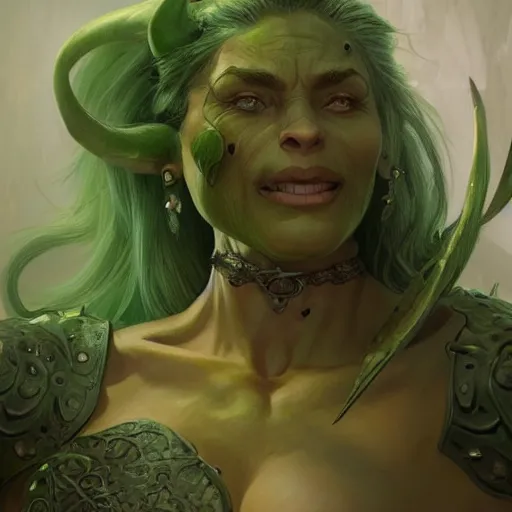 Prompt: female orc, green skin, muscular upper body, D&D, fantasy, intricate, elegant, highly detailed, digital painting, artstation, concept art, smooth, sharp focus, illustration, art by artgerm and greg rutkowski and alphonse mucha