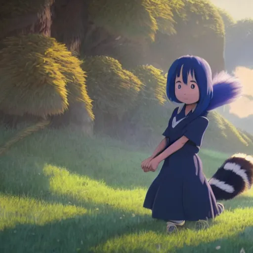 Prompt: a wholesome animation key shot of a dark blue haired girl with a raccoon tail, medium shot, studio ghibli, pixar and disney animation, sharp, rendered in unreal engine 5, anime key art by greg rutkowski, bloom, dramatic lighting