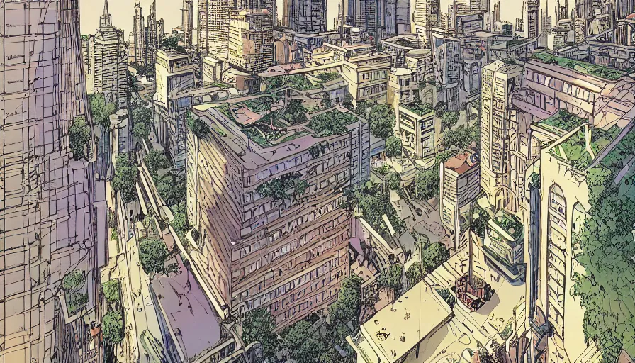 Image similar to ligne claire art of a future city intertwined with nature, street-level view, by Moebius, Eisner award-winning spread