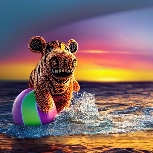 Image similar to a closeup photorealistic photograph of a cute smiling knitted tiger hippopotamus chasing a beachball at sunset. surf in the background. professional capture. this 4 k hd image is trending on artstation, featured on behance, well - rendered, extra crisp, features intricate detail, epic composition and the style of unreal engine.