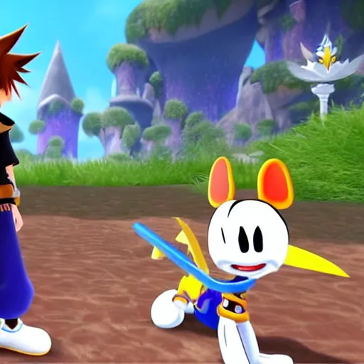 Prompt: A leaked image of a Warrior cats world in Kingdom Hearts 4, Kingdom hearts worlds, Sora donald and Goofy exploring the world of Warrior cats, action rpg Video game, Sora wielding a keyblade, Disney inspired, cartoony shaders, rtx on