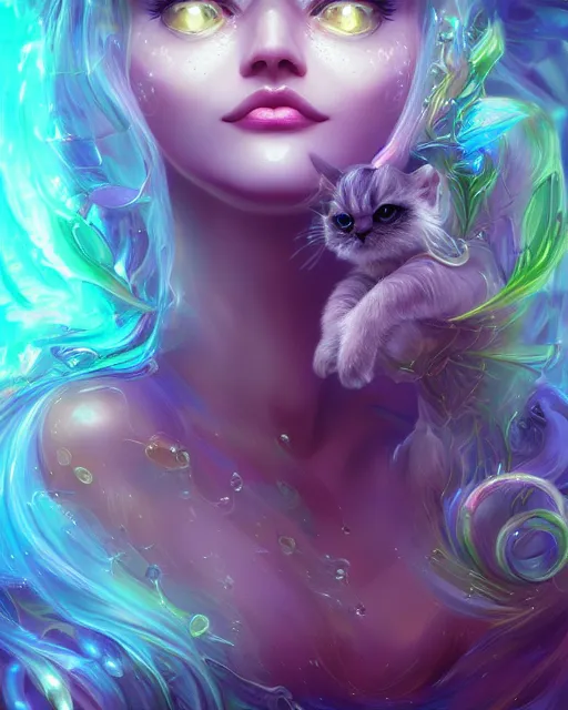 Image similar to cute woman cat chimera of iridescent liquid, alchemy, shiny plastic, intricate, bloom, detailed, volumetric lighting, sharp focus, photorealism, digital painting, highly detailed, concept art, by by artgerm and wlop