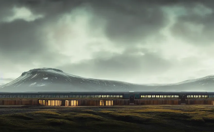 Image similar to exterior shot of utopian train station on in the middle of an icelandic hill with cinematic lighting by peter zumthor and renzo piano, darek zabrocki and greg ruthkowski, simon stalenhag, cinematic, holy place, paradise, scifi, futurism, atmospheric, concept art, artstation, trending on artstation