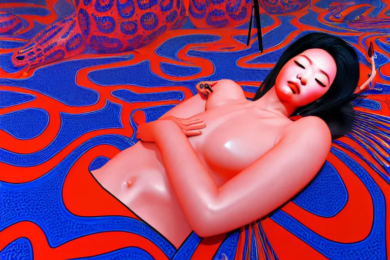 Image similar to hyperrealistic detailed image of a geisha laying in a art installation room, psychedelic background by yayoi kusama, part by kei mieno, part by alex gray, part by ross tran, part by james jean, ultra realistic, highly detailed, life like face, detailed body, 8 k, octane render, trending on artstation, very cohesive, masterpiece