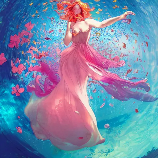 Prompt: Triss Merigold in a swirling sundress of flowers, underwater, floral explosion, radiant light, vortex of plum petals, by WLOP, Victo Ngai and artgerm, artstation, deviantart